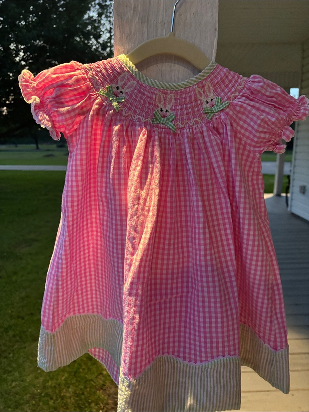 Pink Gingham Smocked Baby Dress with Bunny Appliqué